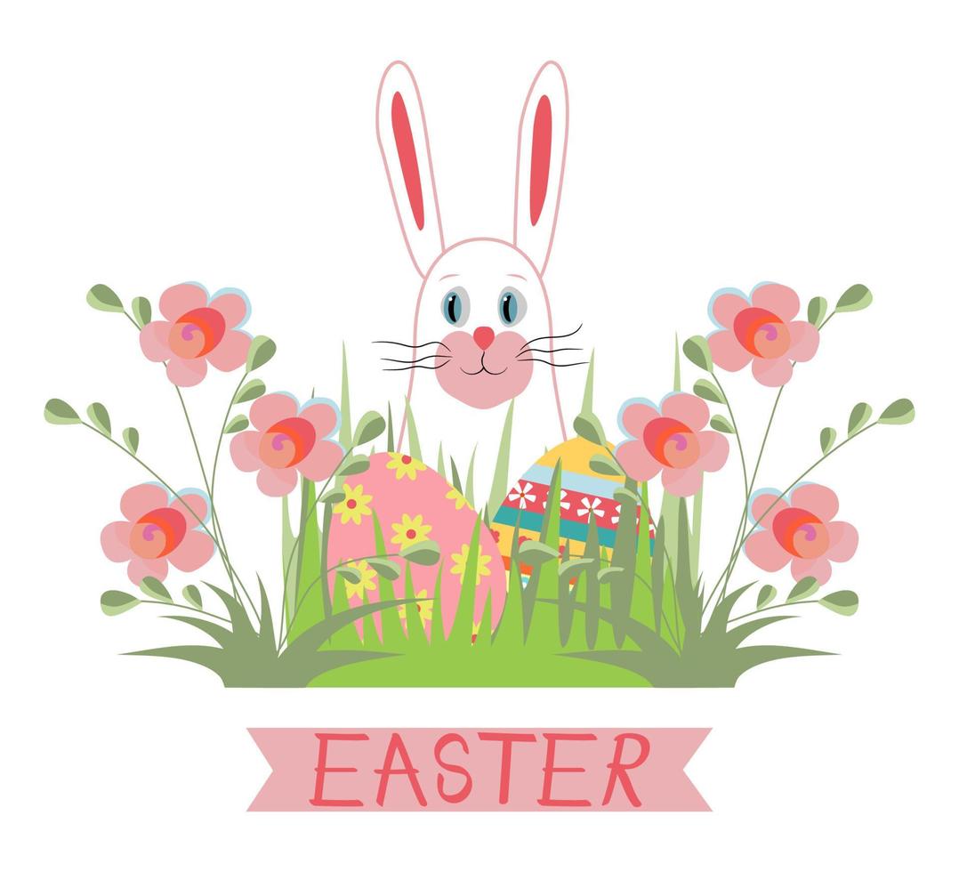 Happy easter poster. Easter bunny hid in flower bed. Multi colored eggs with pattern lie in grass. White cute hare to create postcard, invitation, flyer. Handwritten Easter text. Vector illustration