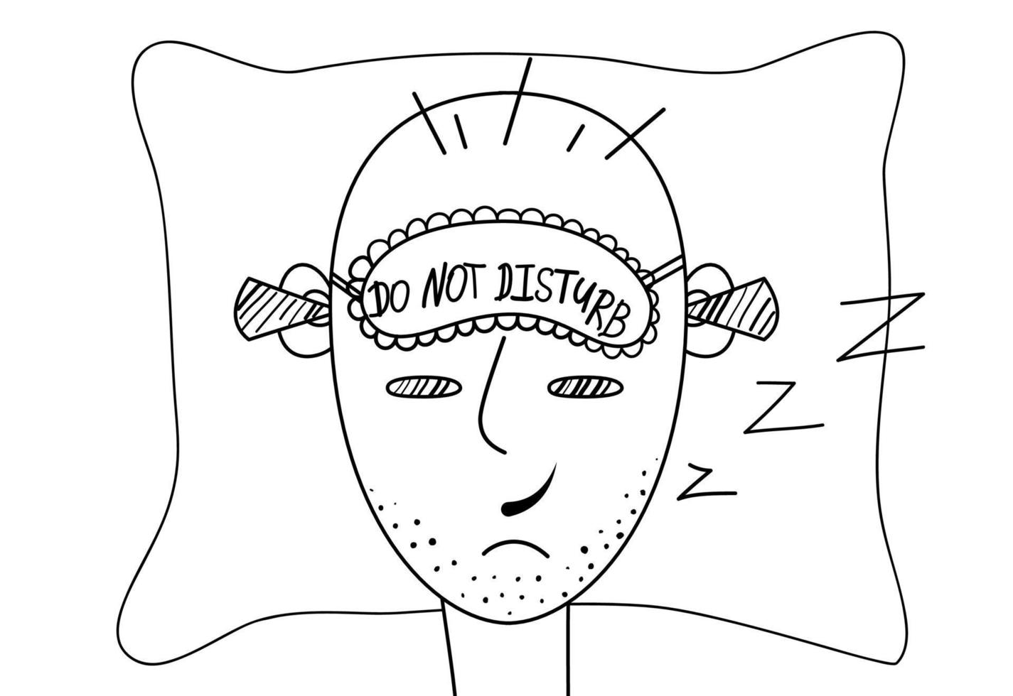 A man with a blindfold lies on the bed. Cartoon male character with earplugs and sleep mask. On the mask text Do Not Disturb. Smiling bald man with head on pillow. Line drawing, vector illustration