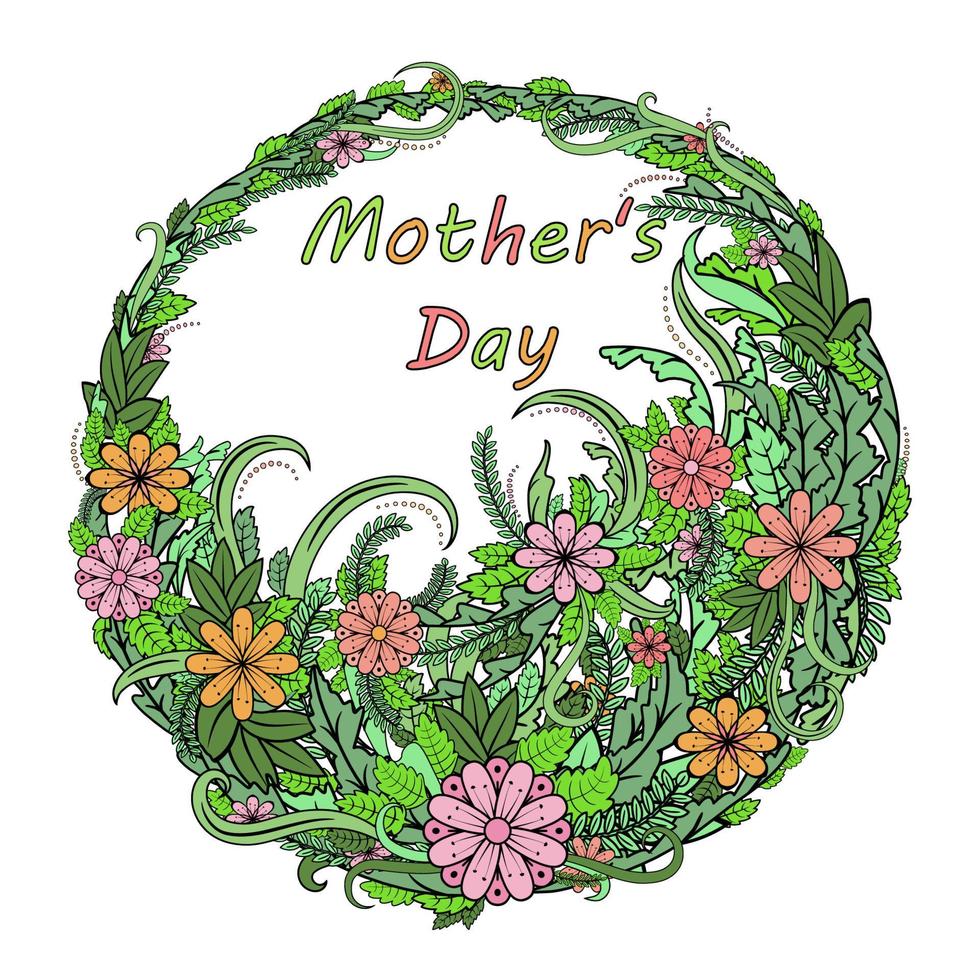Happy mother's day. Greeting card with floral wreath. Abstract vintage leaves and flowers. Frame, congratulation, border. Text Mother's Day. Vector illustration for flyer, banner, web design.