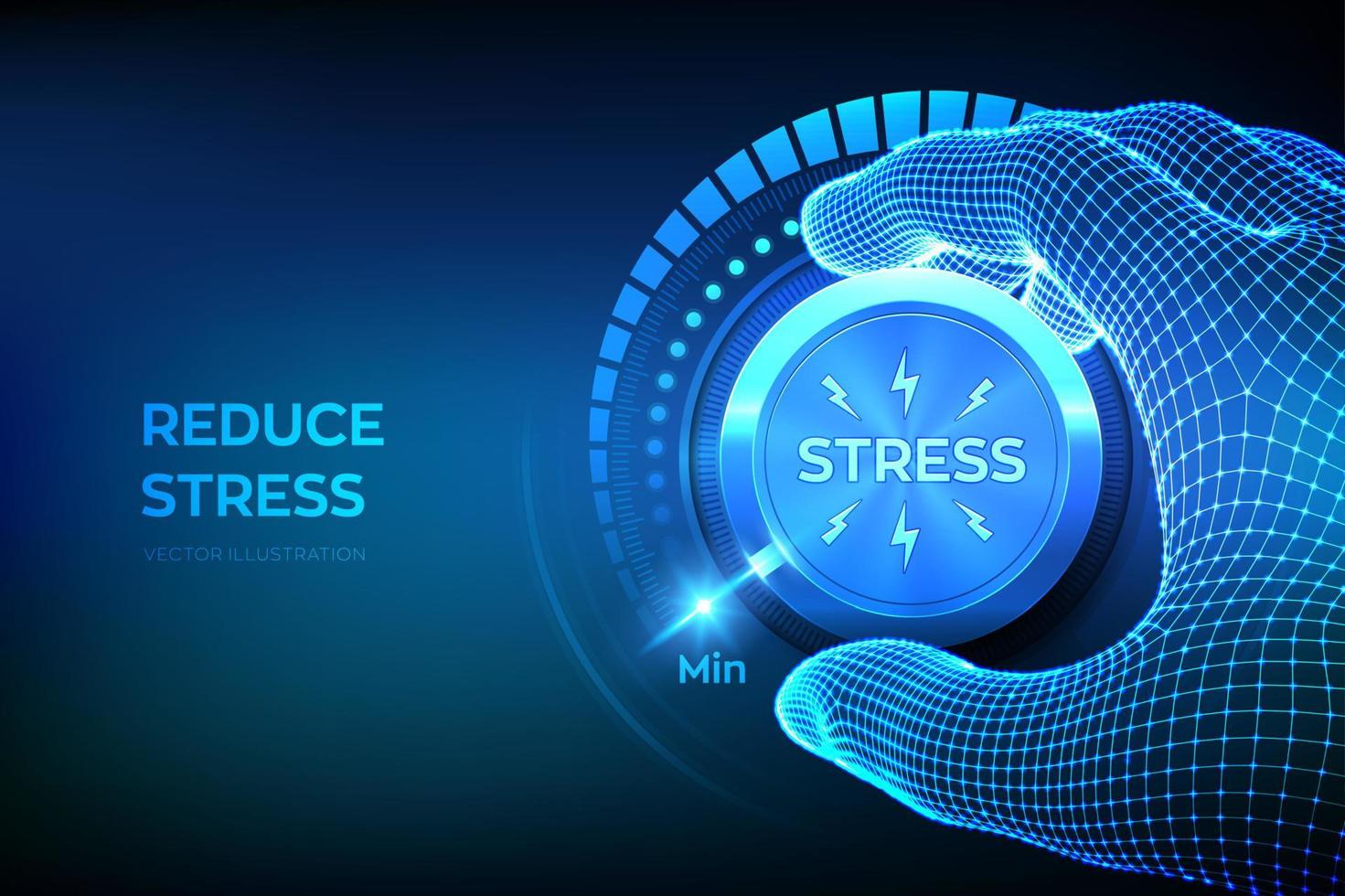 Stress levels knob button. Wireframe hand turning a stress level knob to the minimum position. Concept of emotional overload, burnout, tiring, boring, positive, frustration. Vector illustration.