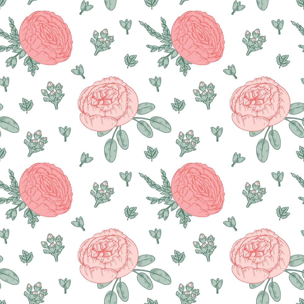 Gentle floral seamless pattern with roses and peonies. Hand drawn vector illustration