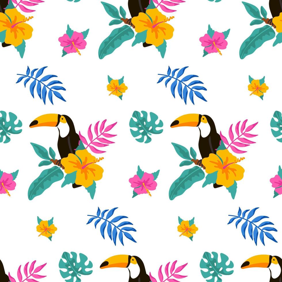 Hand drawn tropical seamless pattern with toucan, palm tree, monstera leaves and tropical flowers on white background. Vector illustration