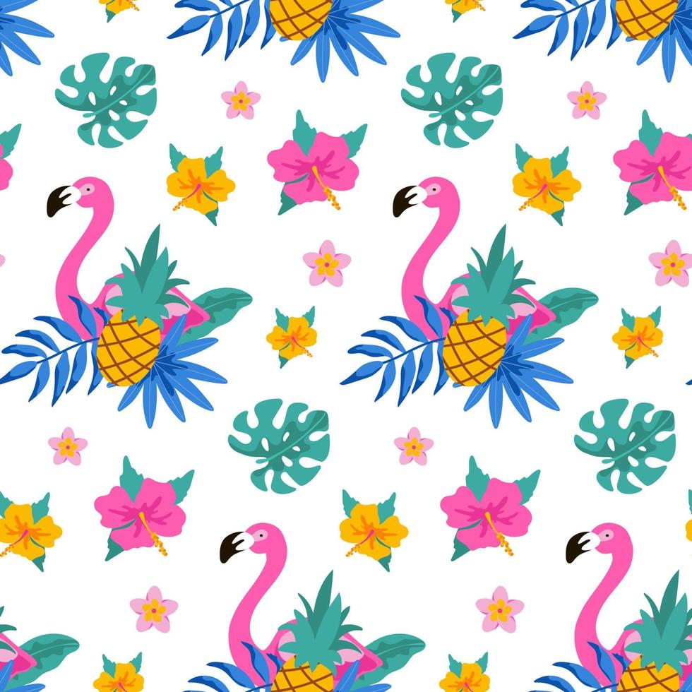 Hand drawn tropical seamless pattern with flamingo, palm tree, monstera leaves and pineapple on white background. Vector illustration