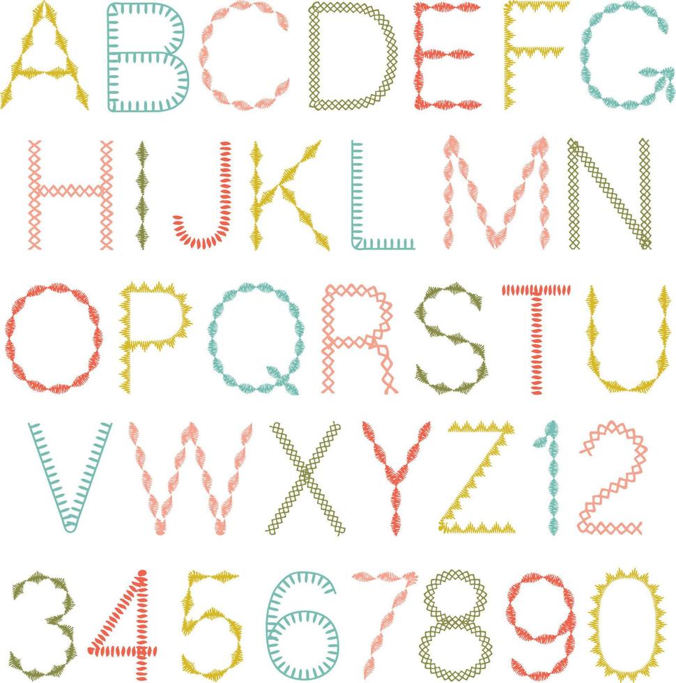 hand stitched vector colorful alphabet font