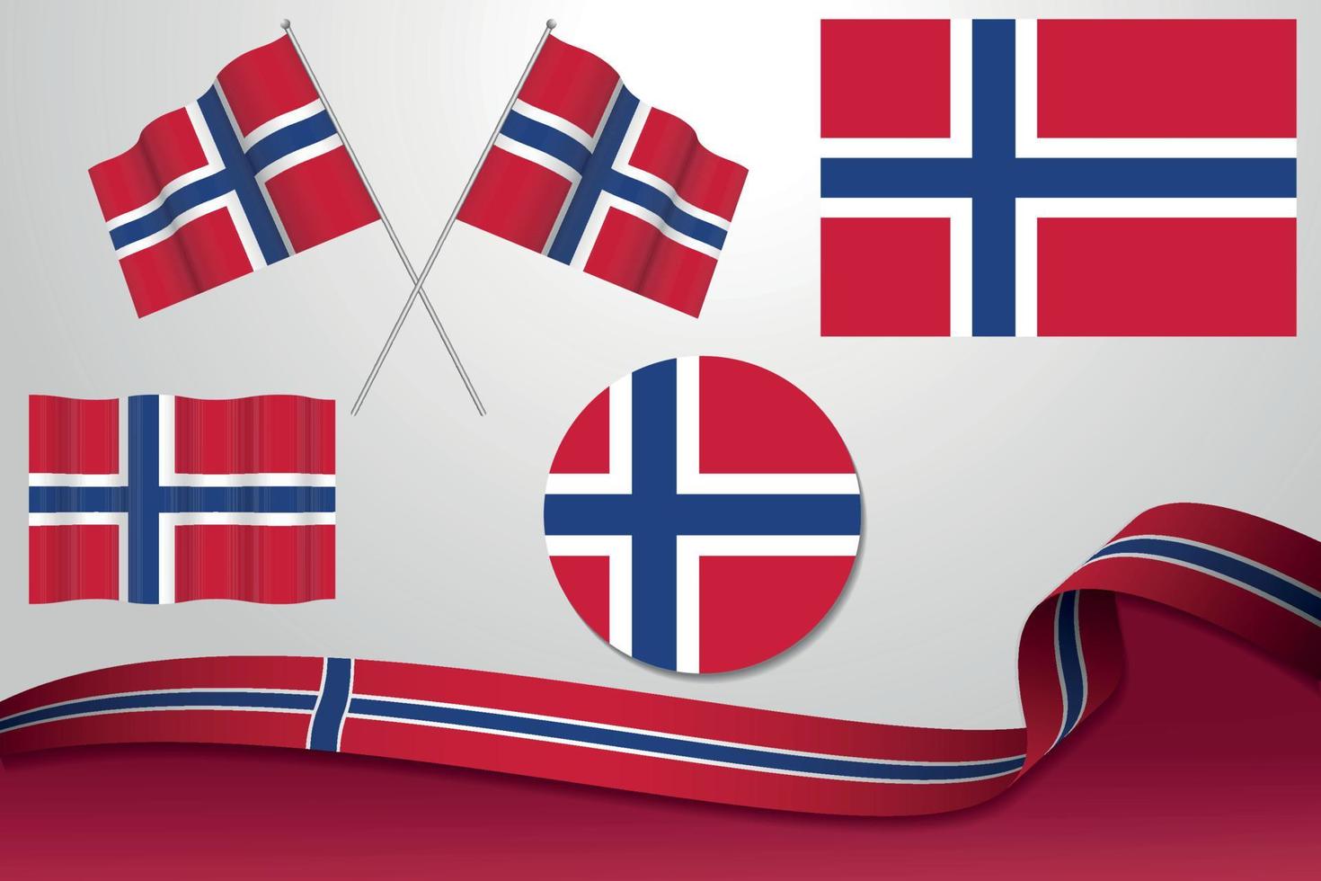 conjunto de banderas de noruega en diferentes diseños, icono, banderas desolladas con cinta con fondo. vector