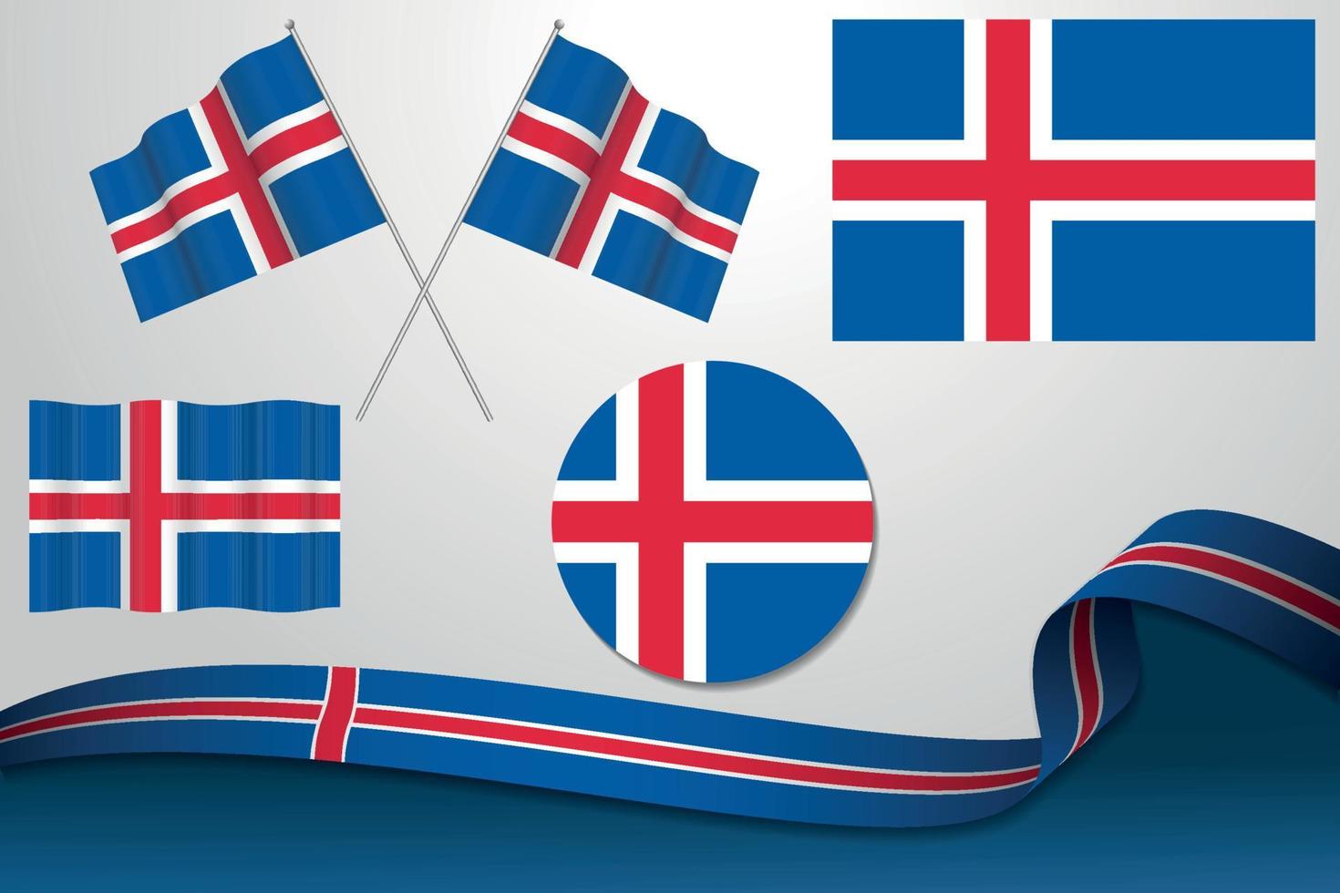 Set Of Iceland Flags In Different Designs, Icon, Flaying Flags With ribbon With Background. vector