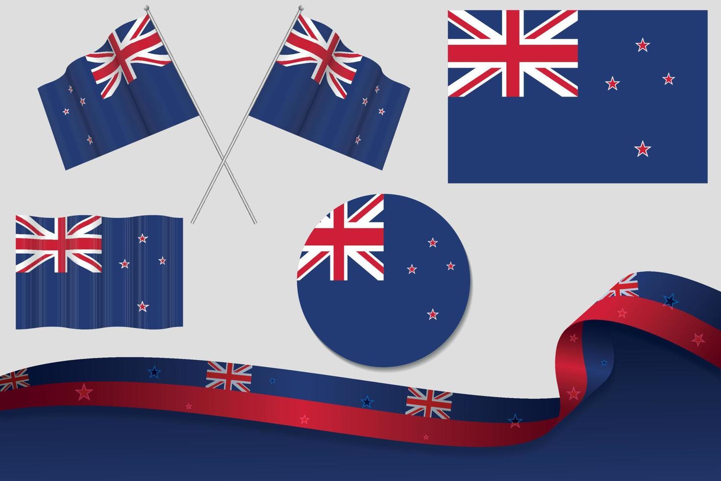 Set Of New Zealand Flags In Different Designs, Icon, Flaying Flags With ribbon With Background. vector