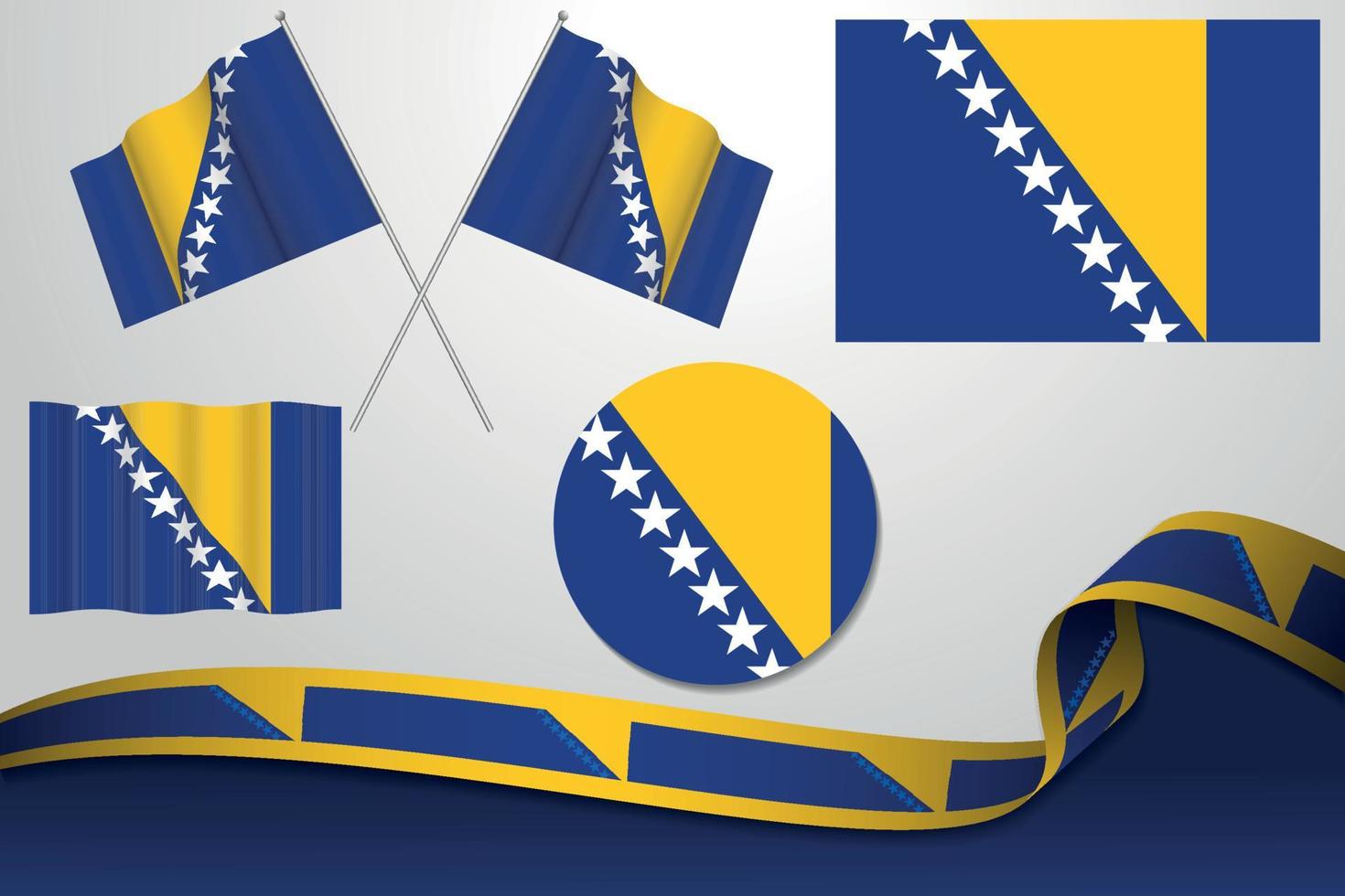 conjunto de banderas de bosnia y herzegovina en diferentes diseños, icono, banderas desolladas con cinta con fondo. vector