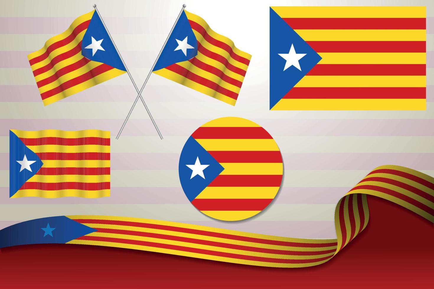 Set Of Catalonia Flags In Different Designs, Icon, Flaying Flags With ribbon With Background. vector