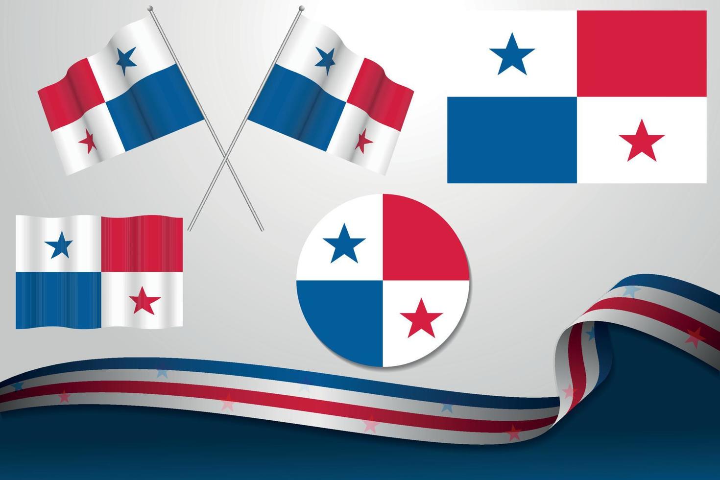 Set Of Panama Flags In Different Designs, Icon, Flaying Flags With ribbon With Background. vector
