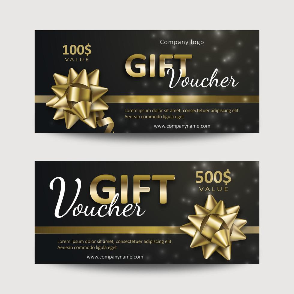 Set of gift vouchers with golden ribbons and bows. Template for a festive gift coupon, invitation and certificate. Vector Illustration