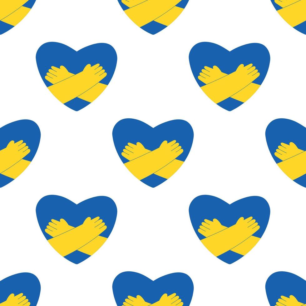 Ukraine seamless pattern with hands hugging heart in colors of Ukrainian flag, flat vector illustration on white. Background with concepts of peace and humanitarian help or support during war.