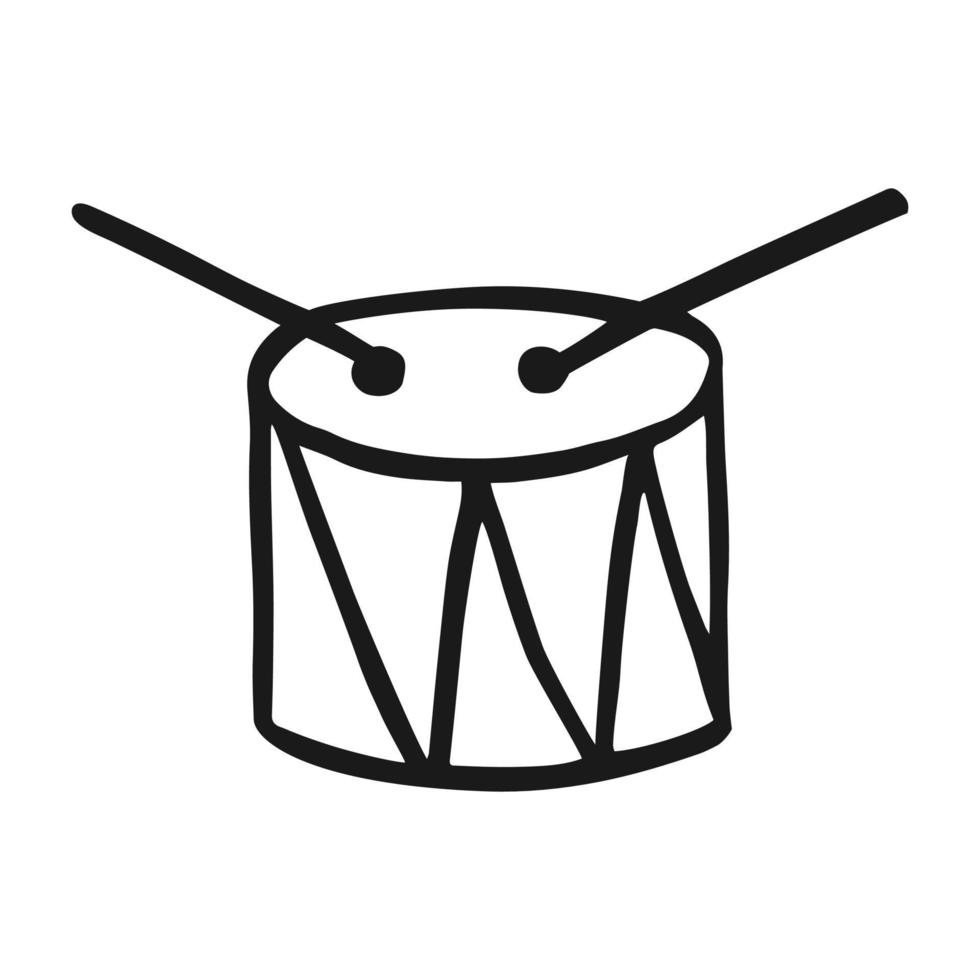 icono de tambor vectorial en estilo dibujado a mano. símbolo de contorno musical. ilustración aislada sobre fondo blanco. diseño para imprimir y colorear libros. pictograma de dibujos animados para el juego. garabato trommel vector