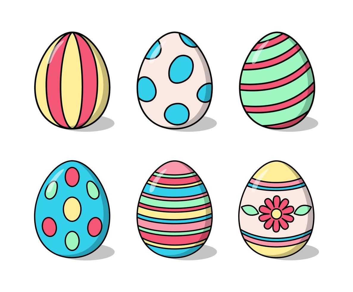 Set of cartoon colored easter eggs with shadows and highlights. Isolated vector icons on white background