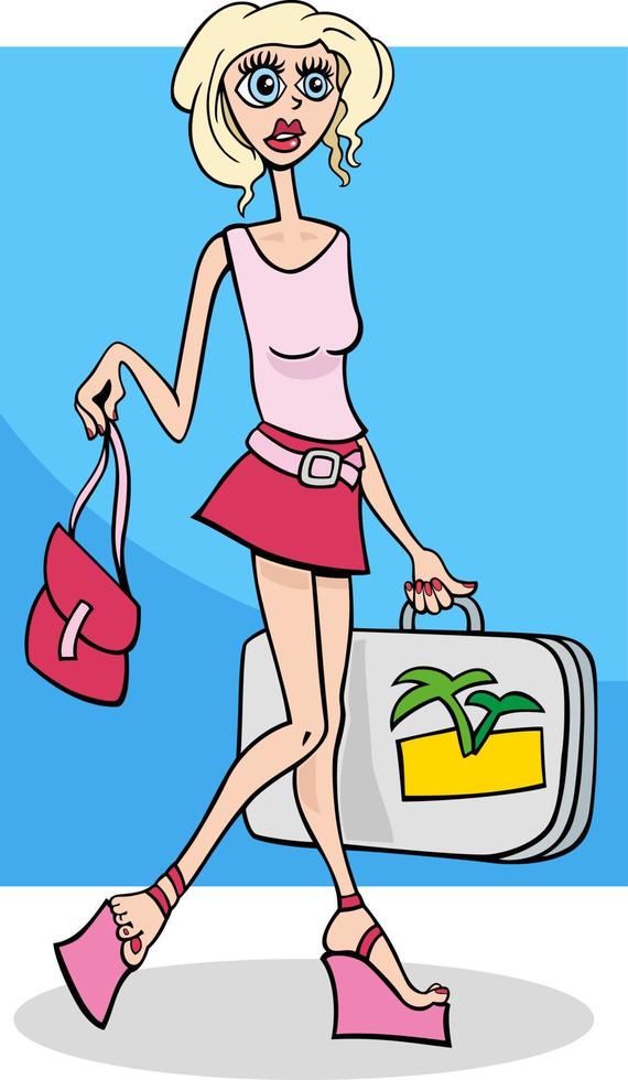 cartoon pretty young woman character with suitcase vector