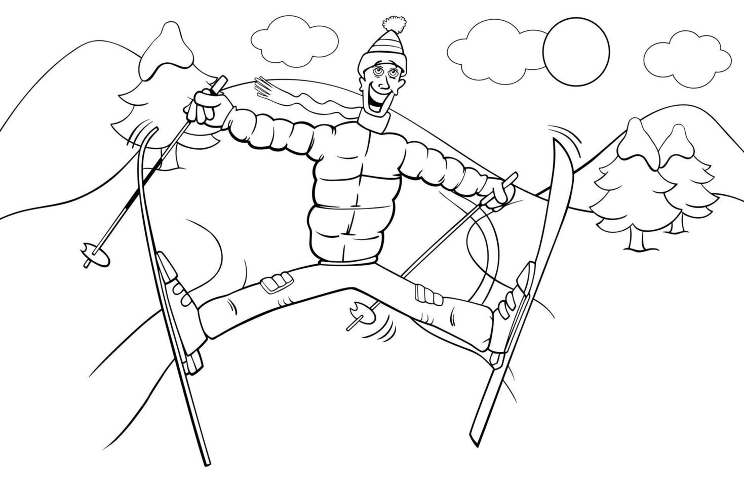 cartoon man skiing on winter time coloring book page vector