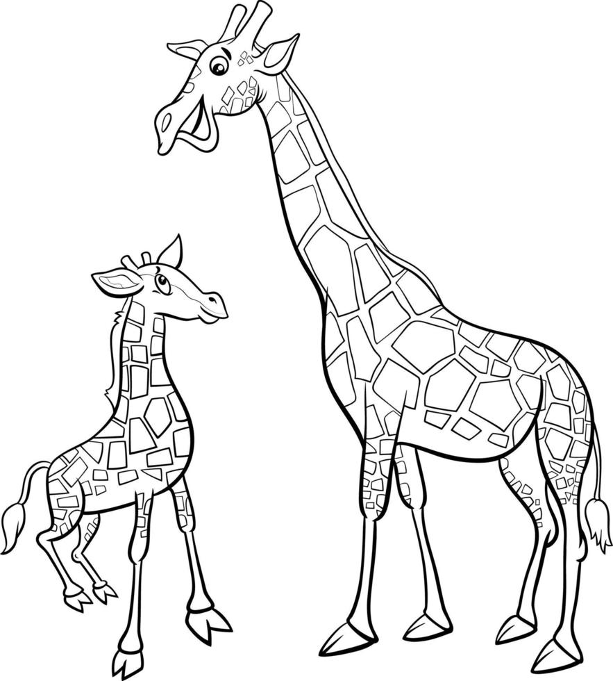 cartoon baby giraffe with mother coloring book page vector
