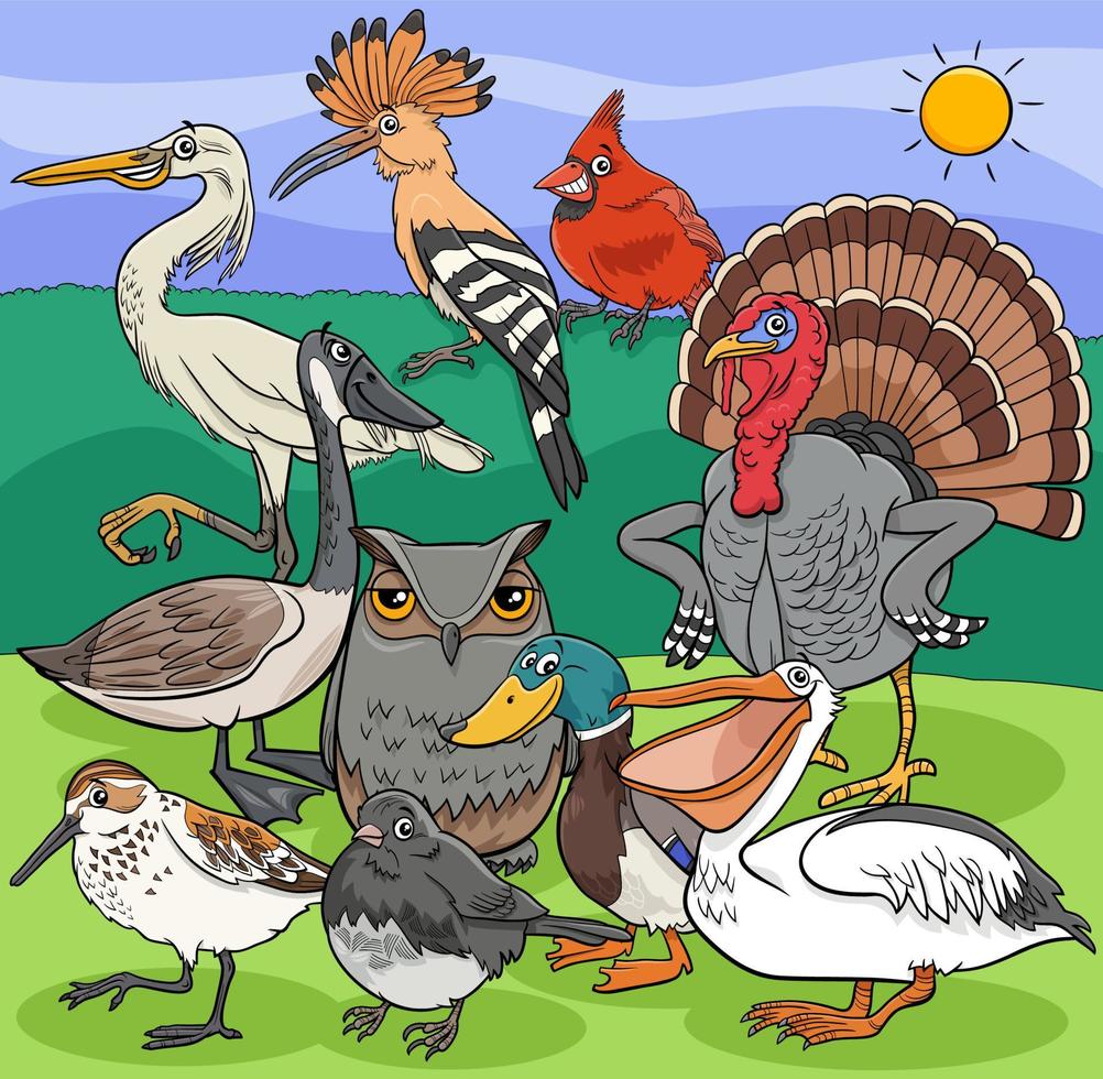 cartoon birds animal comic characters group vector