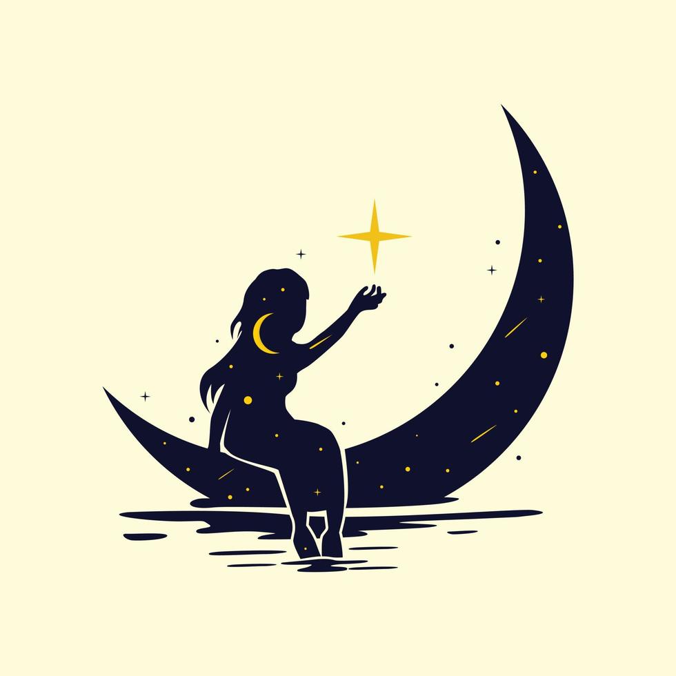 Silhouette vector illustration of girl sitting on the moon and catching the stars