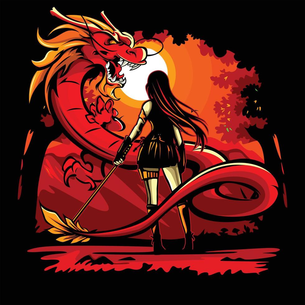 Vector illustration of female swordsman facing a dragon