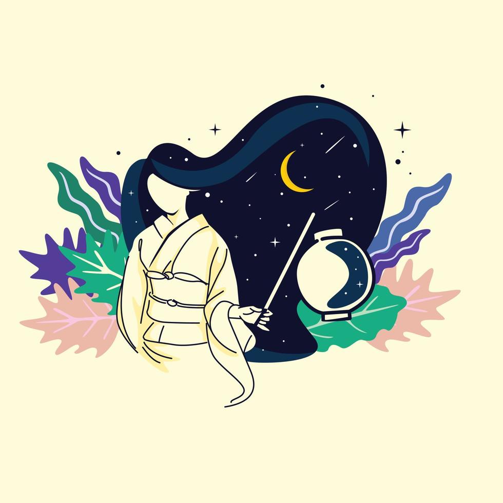 Vector silhouette illustration of a girl wearing a kimono and carrying a lantern