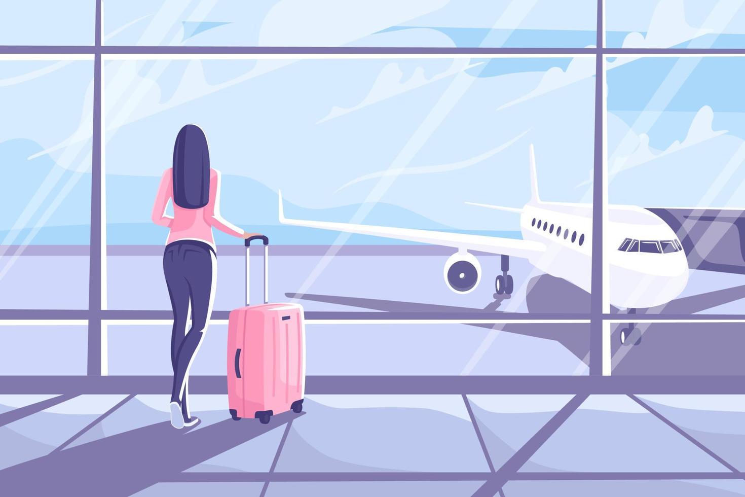 Young woman with a suitcase is standing in the airport terminal vector