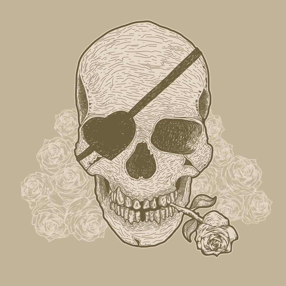 Hand drawn skull with rose. Romantic skull with rose flower in the mouth. human skull vector illustration for t-shirt design, poster, vintage card. Vector illustration