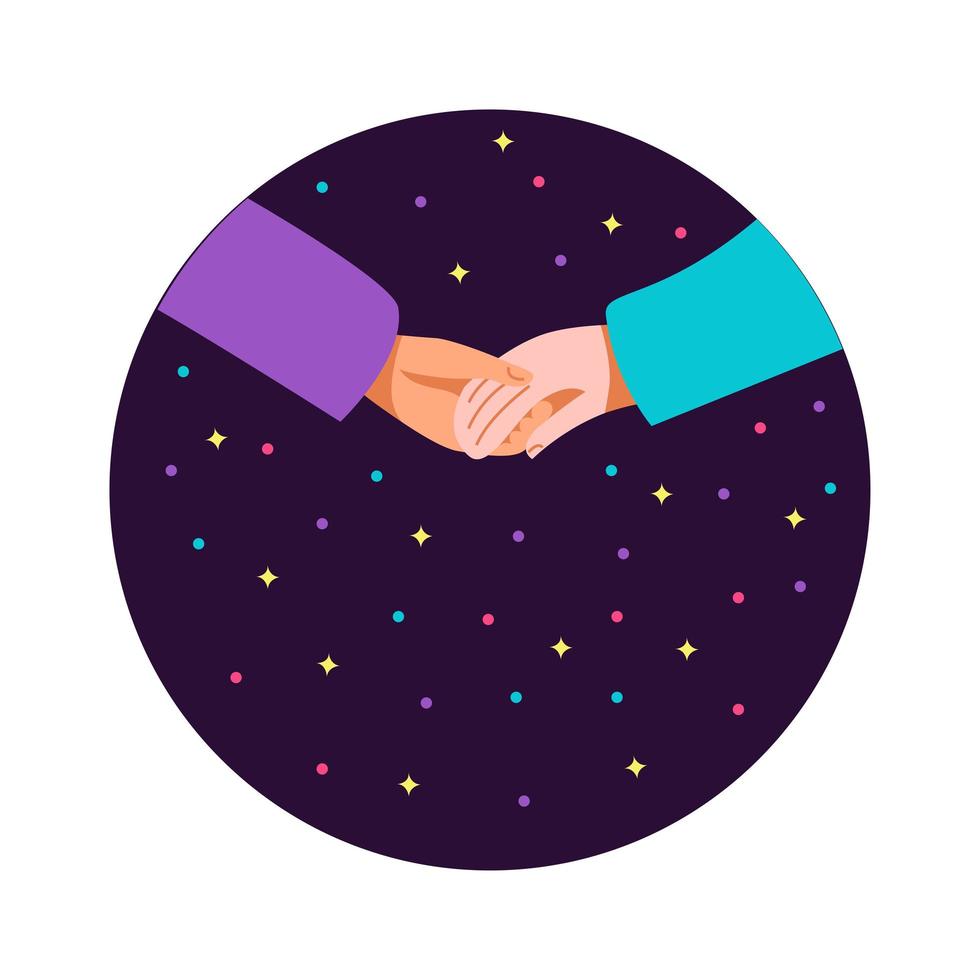 dos personas se dan la mano contra el fondo de un cielo estrellado. amistad, paz, amor, compañerismo y cooperación. por favor paz, no guerra. ilustración plana de vector de concepto