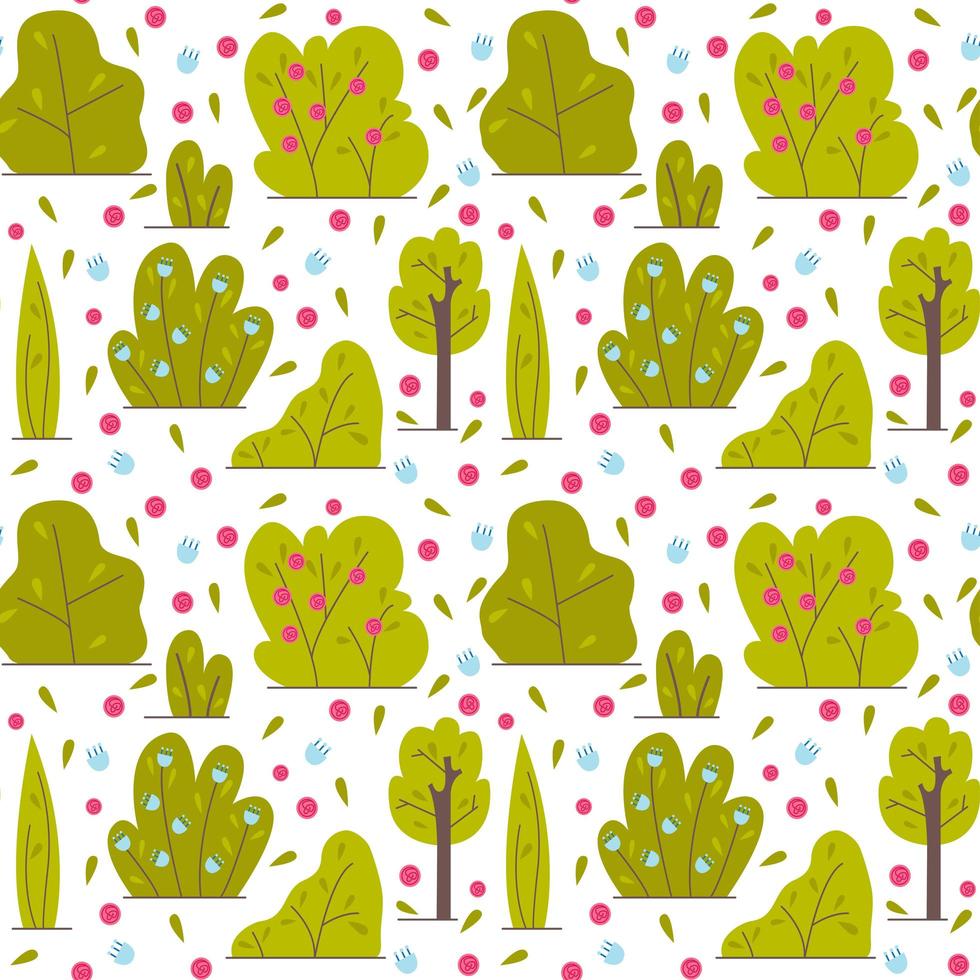 Bushes and trees, with flowers. Floral design for patterns or postcards. Foliage, green spaces. Flat vector illustration