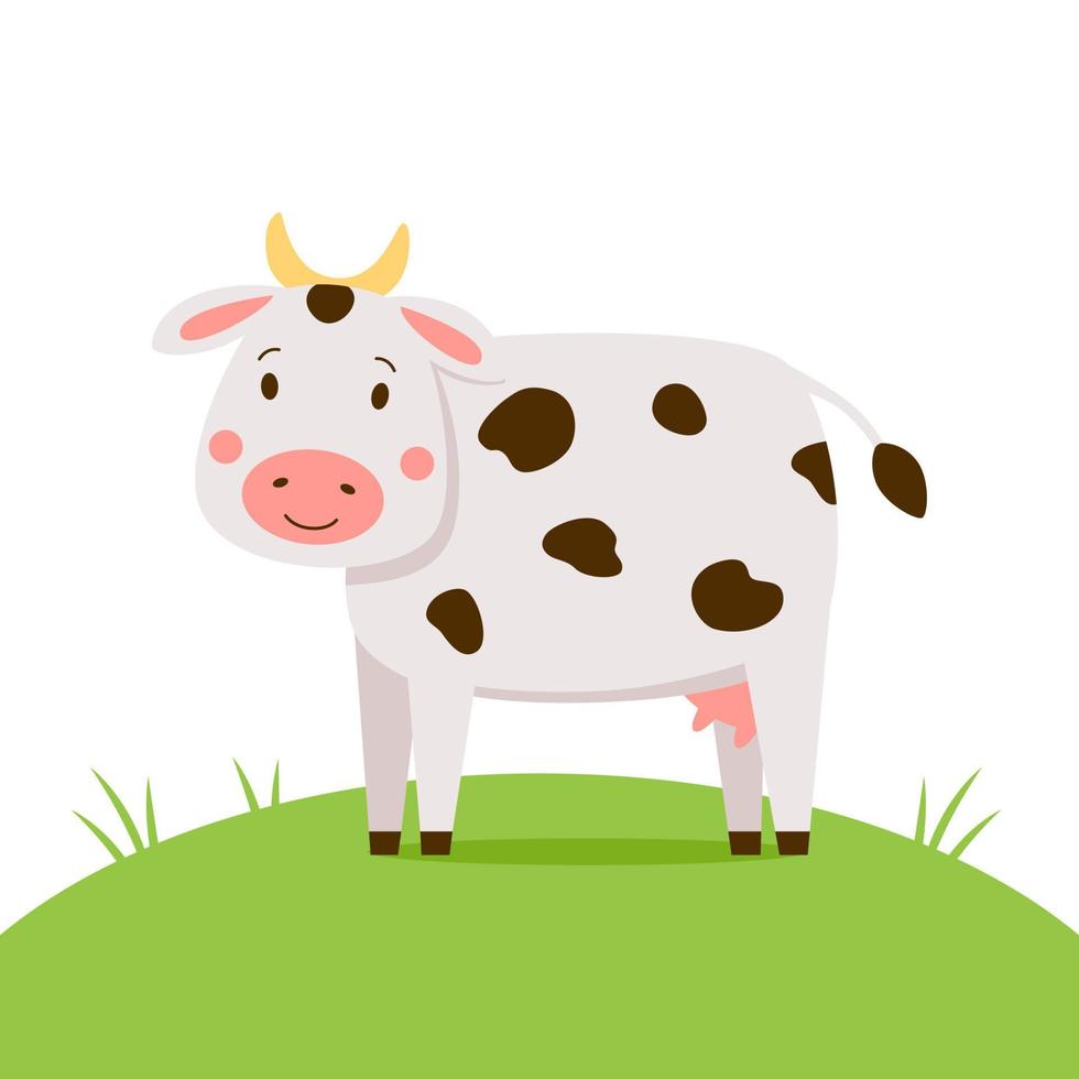 Cute white cow with brown spots stands on a green grass meadow vector