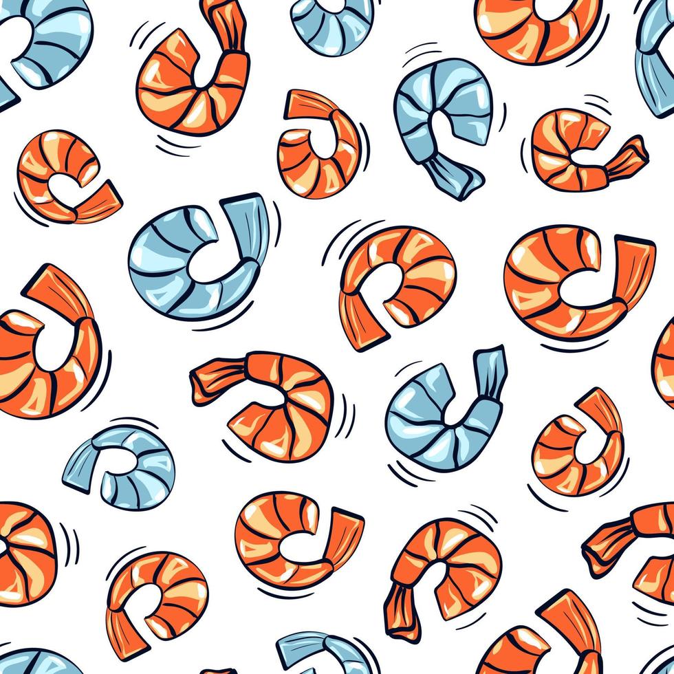Bright food pattern with hand drawn sketch red and blue shrimp vector