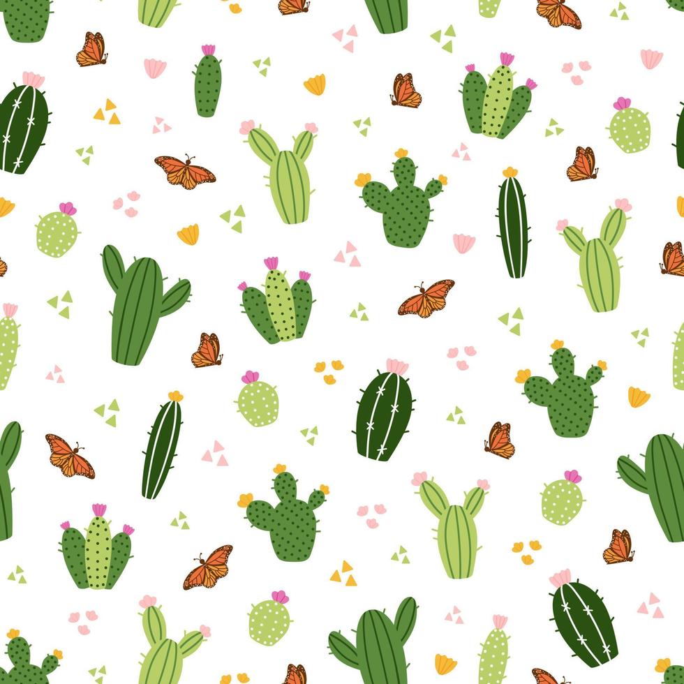 Bright summer seamless print with green cactuses and monarch butterflies on a white background. Hand drawn cartoon style green prickly Mexican blooming cacti. Pattern for kids textile vector