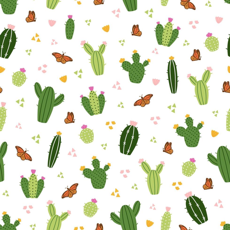 impresión transparente de verano brillante con cactus verdes y mariposas monarca sobre un fondo blanco. cactus florecientes mexicanos espinosos verdes de estilo de dibujos animados dibujados a mano. patrón para niños textil vector