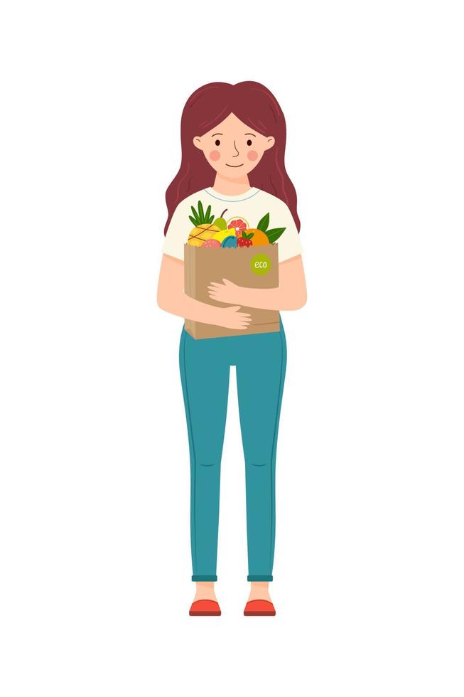 Young woman carries a paper eco bag with local market products vector