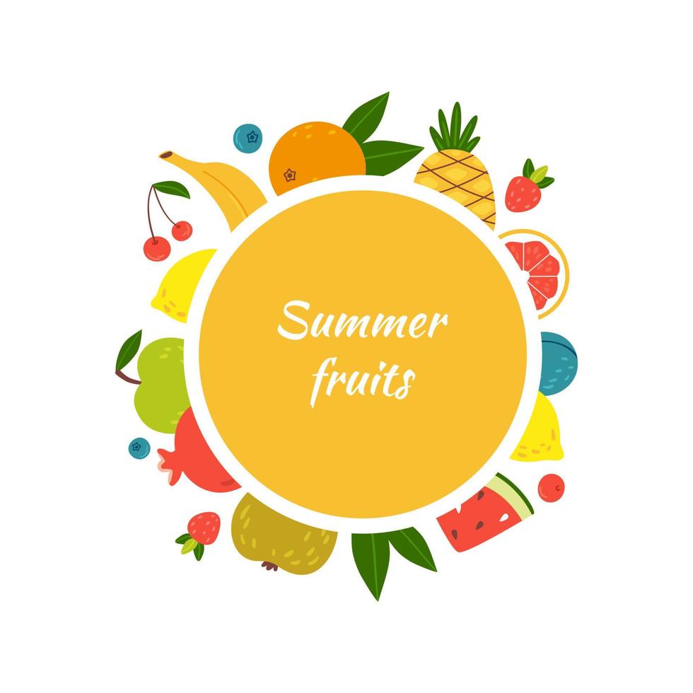 Vector flat cartoon illustration - round frame with tropical summer fruits