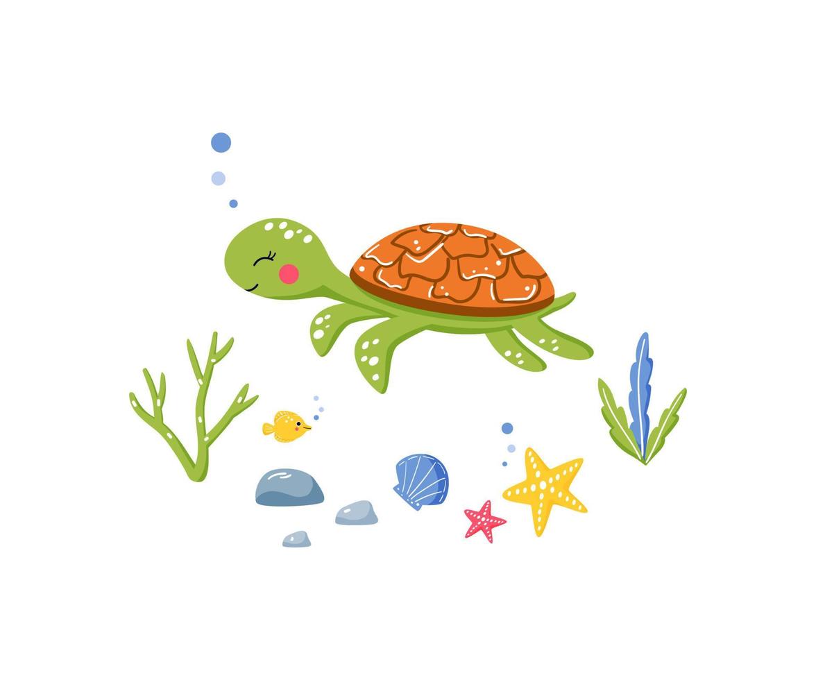 Funny sea turtle vector illustration. Tortoise swimming underwater on ...