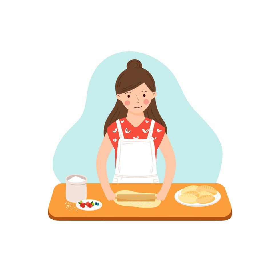 Young cute housewife rolls out dough on the kitchen table and prepares pastries vector