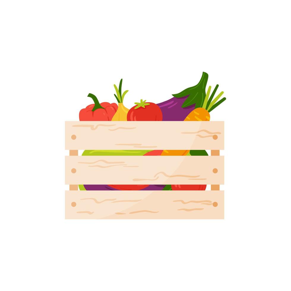 Local market wooden box - farmed organic summer vegetables vector