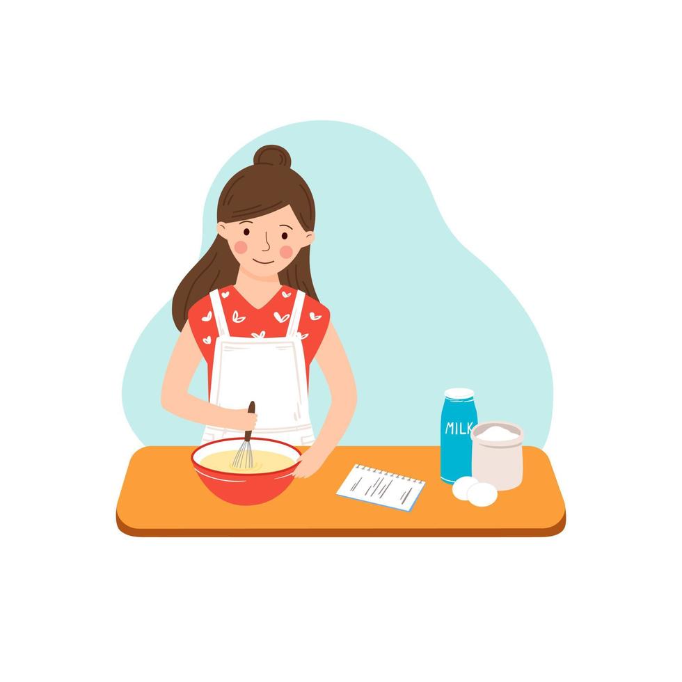 Young housewife prepares a recipe in the kitchen, stirring the dough in a bowl vector