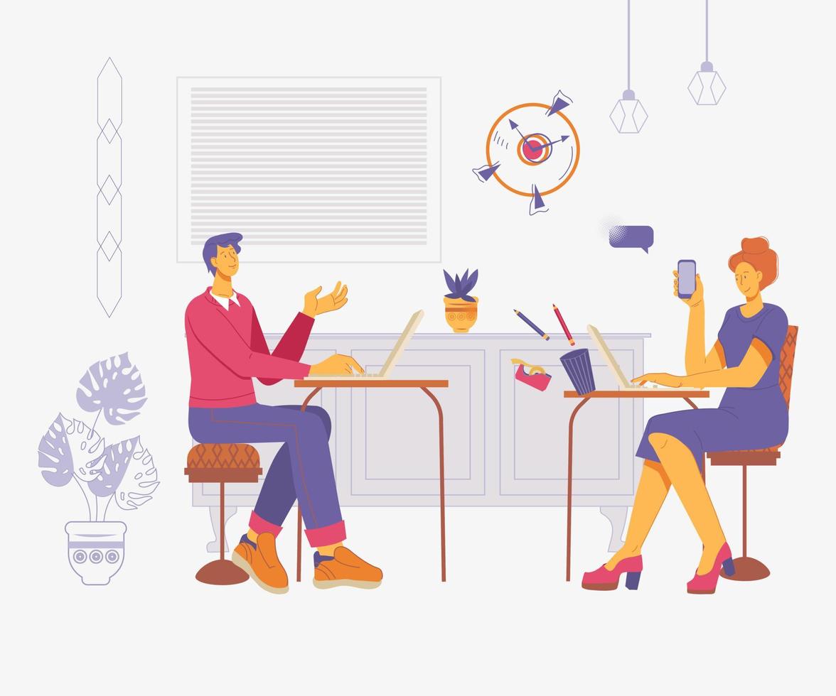 Colleagues in the workplace communicating and working at computers. Office people working in a shared work environment of open space office or coworking center, flat vector illustration.