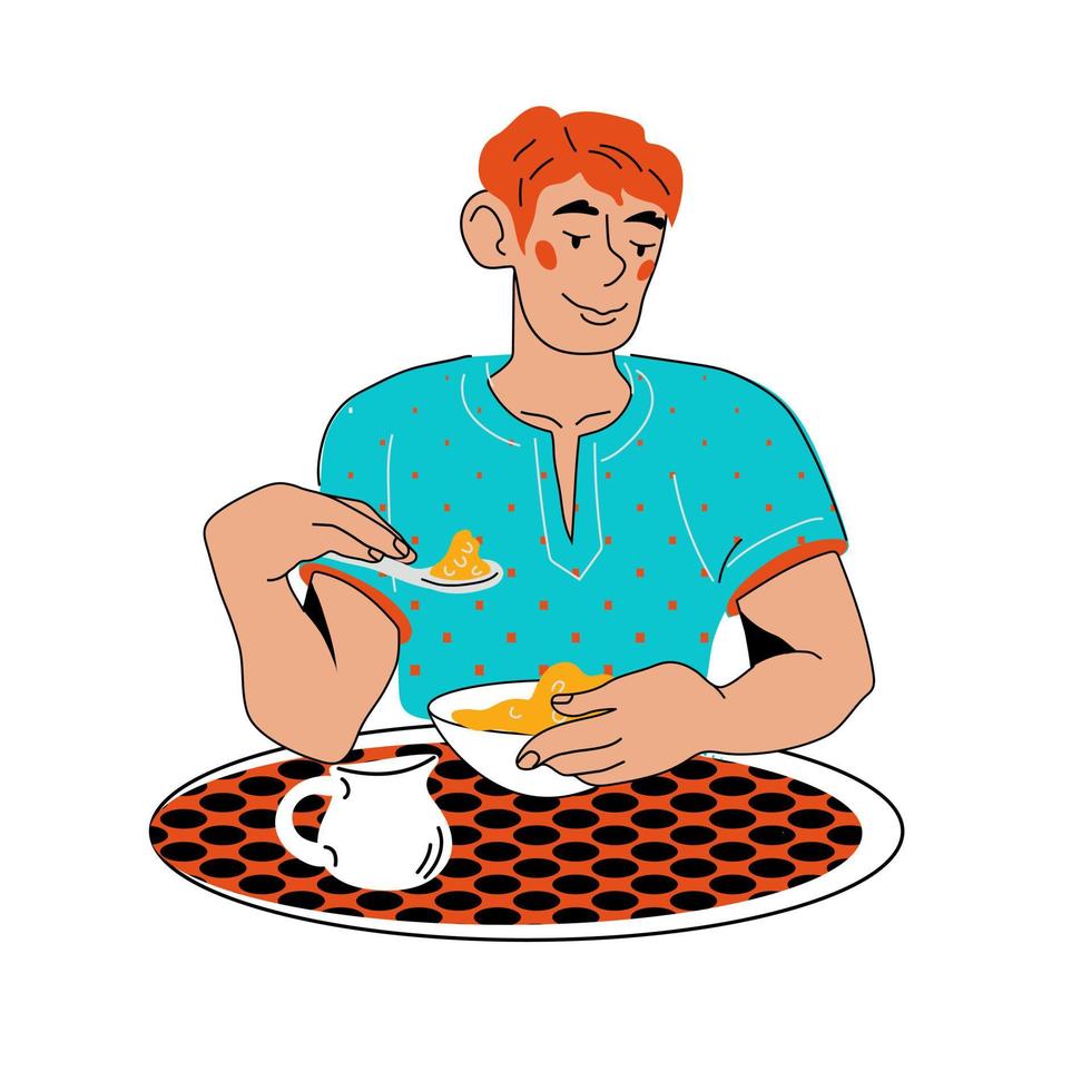 joven comiendo comida saludable en la mesa, ilustración vectorial de dibujos animados aislada en fondo blanco. el hombre come papilla o cereal del tazón. desayuno saludable. vector