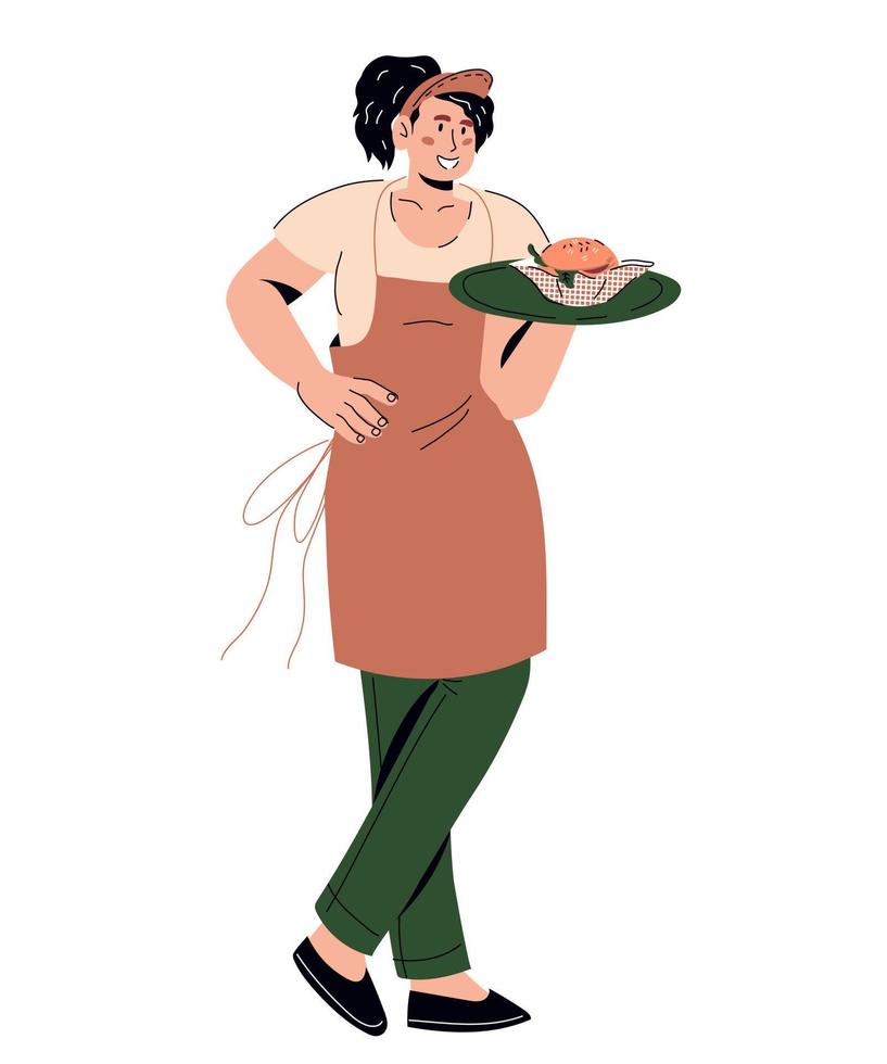 Friendly polite young waitress holding a tray with food, cartoon vector illustration isolated on white background. Restaurant or cafe personnel, staff member at work.