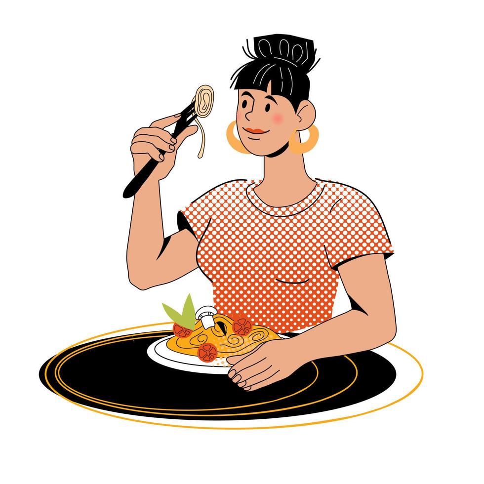 mujer comiendo pasta o fideos, ilustración vectorial de dibujos animados aislada en fondo blanco. persona cenando con espaguetis en un restaurante de comida italiana. vector