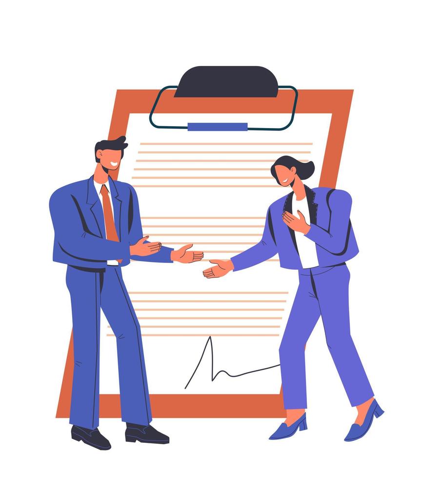 Business negotiation and contract signing concept with tiny business people in front of contract page. Business people sign paper, formal partnership agreement, flat vector illustration isolated.