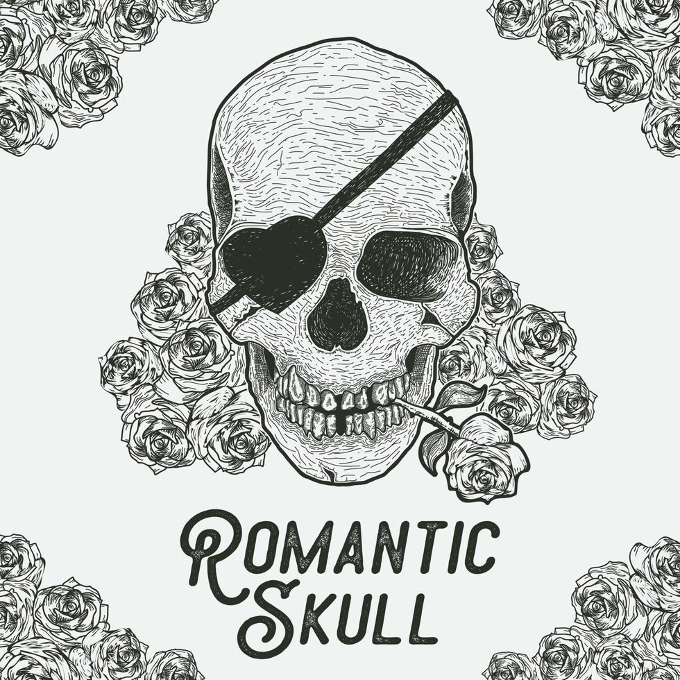 Hand drawn skull with rose. Romantic skull with rose flower in the mouth. human skull vector illustration for t-shirt design, poster, vintage card. Vector illustration