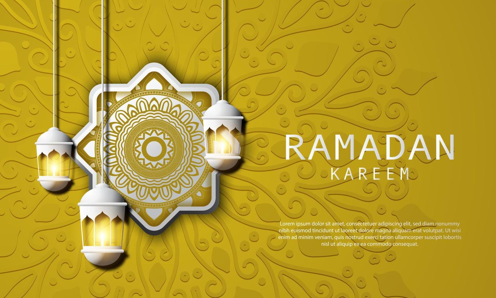 Vector graphic of Ramadan Kareem with White Lantern and Yellow Background. Fit for greeting card, wallpaper and other.