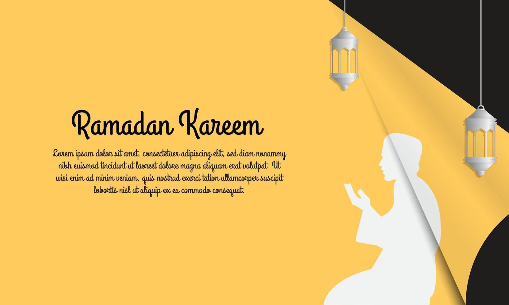 Vector Graphic of Ramadan Kareem with white lantern and silhouette of a moslem praying.