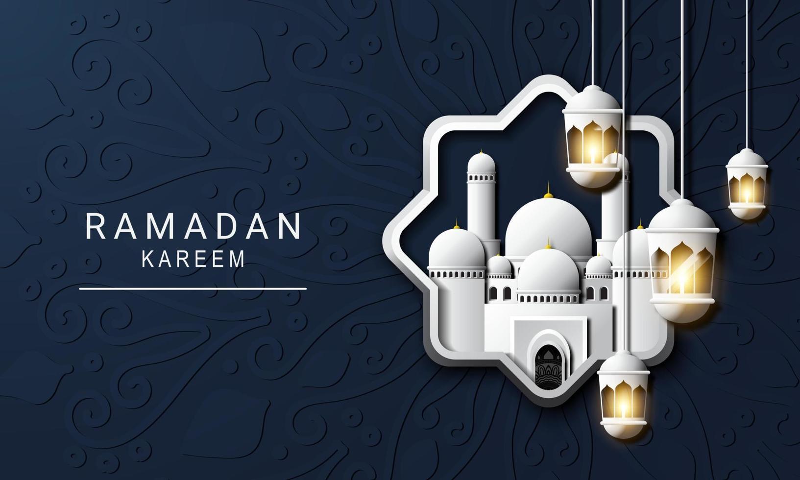 Vector graphic of Ramadan Kareem with White Mosque. Fit for greeting card, wallpaper and other.