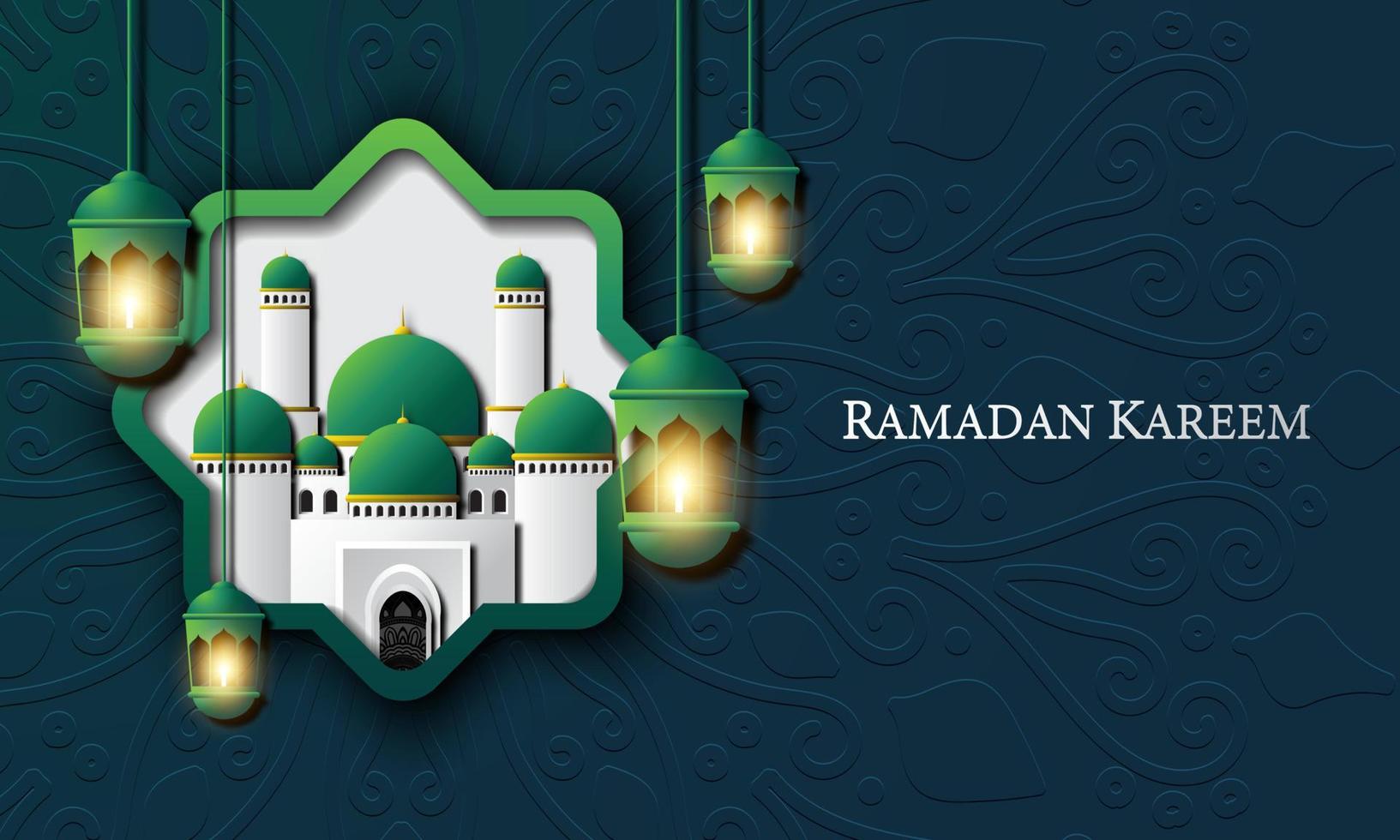 Vector graphic of Ramadan Kareem with Green Lantern and Mosque. Fit for greeting card, wallpaper and other.