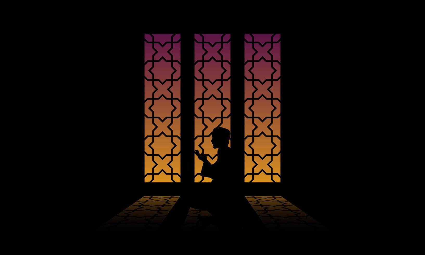 the silhouette of a moslem praying. Vector Illustration